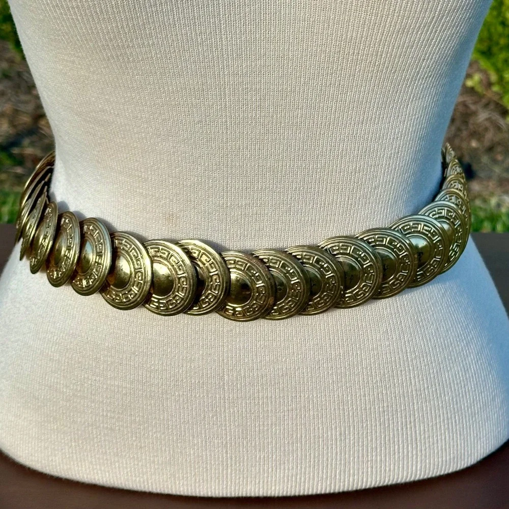 Vintage Gold Medallion Greek Key Stretch Belt Elastic Waist Cinch Statement